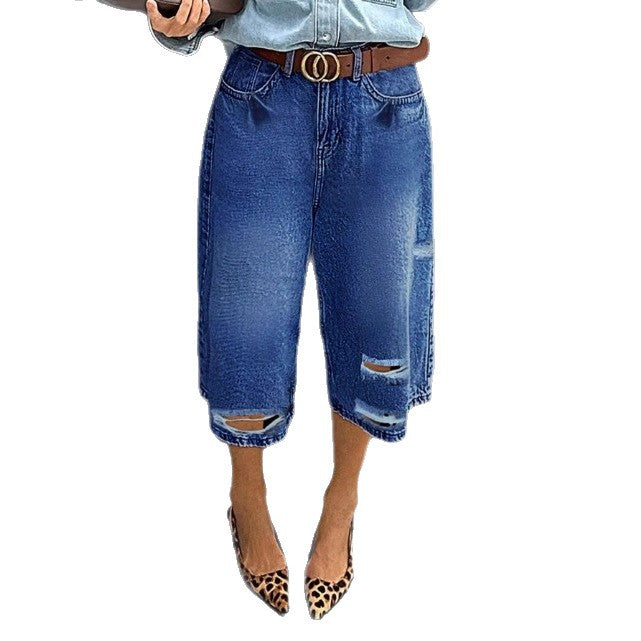 Women High-Waisted Denim Culotte with Destroyed Inserts and Raw Hem Chichicherry