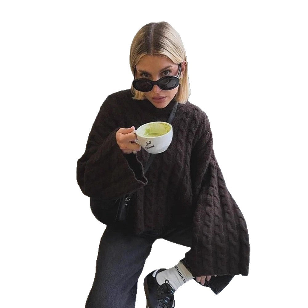Women's Short-Cut Cable Knit Sweater with Turtleneck & Balloon Sleeves Chichicherry