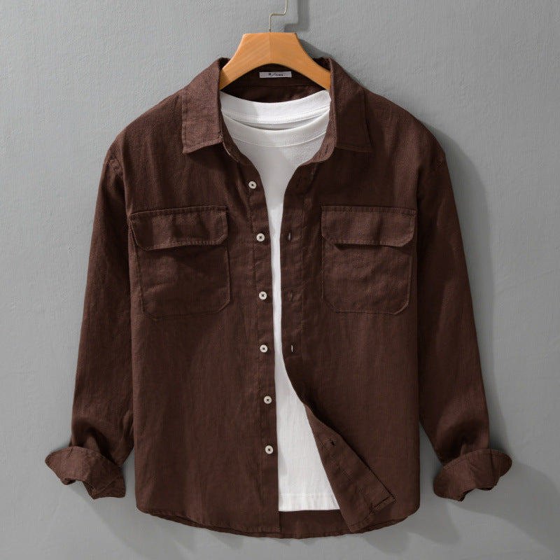 Men's Loose Linen Overshirt with Chest Pockets and Button Placket Chichicherry