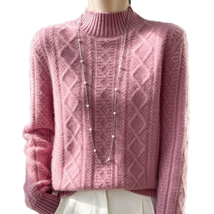 Women's Cozy Mohair-Effect Mock Neck Sweater with Diamond Cable Structure and Boxy Silhouette Chichicherry