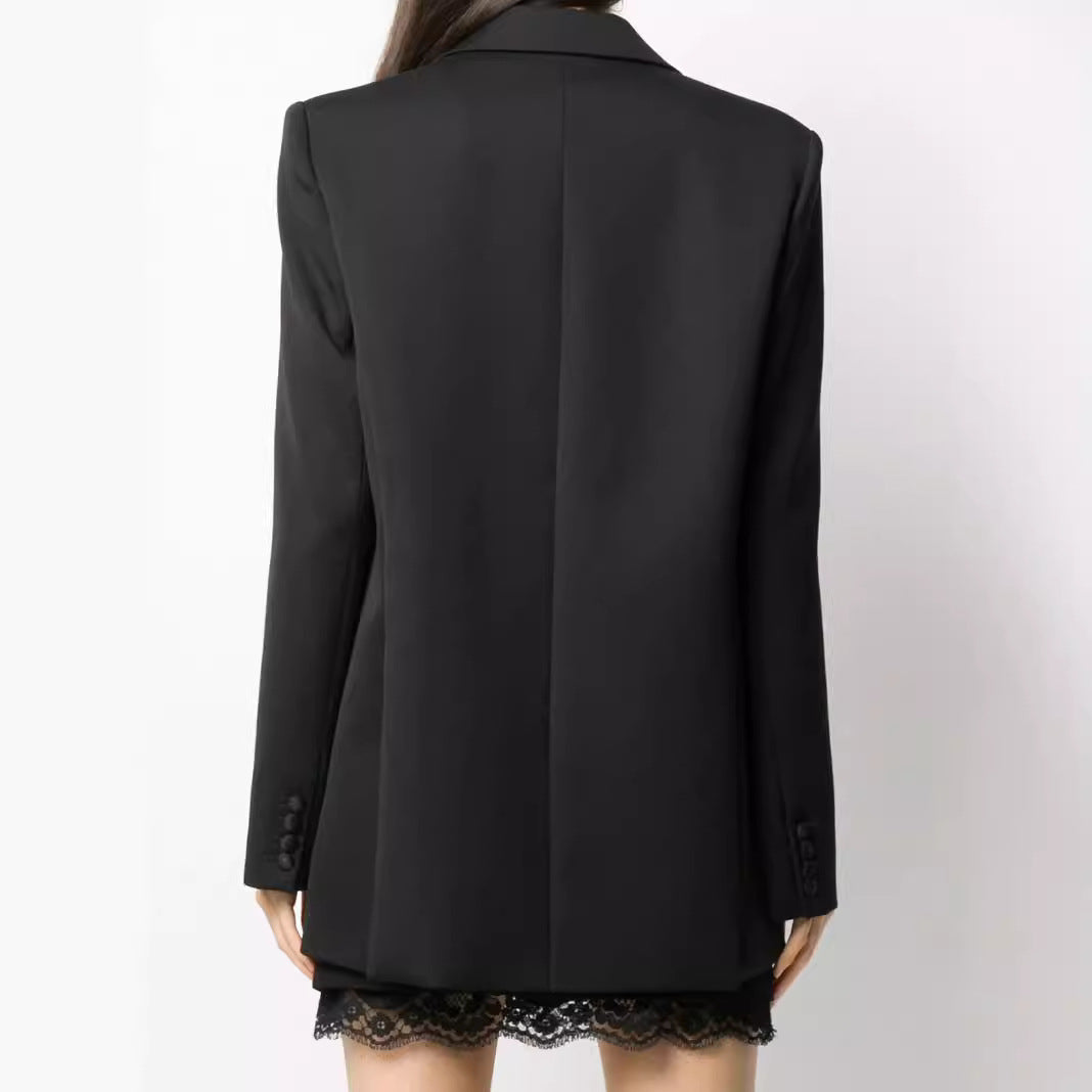 Women’s Oversized Single-Breasted Long Blazer with Satin Shawl Collar and Clean Tailoring Chichicherry