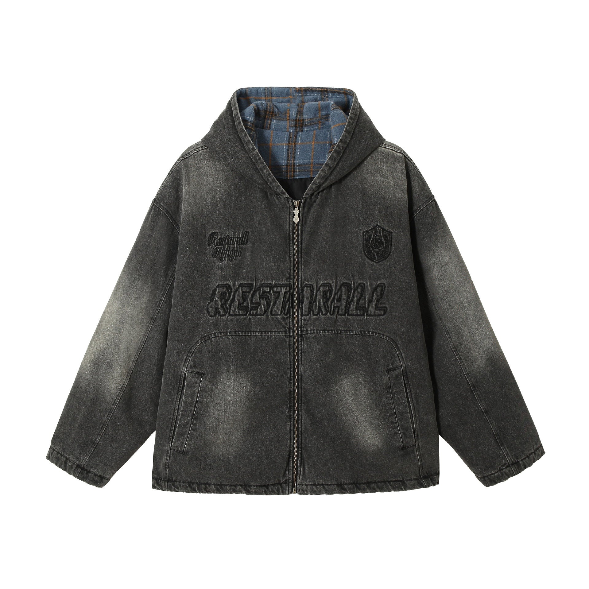 Men's Washed-Denim Hoodie in Oversized Look with Checked Lined Hood Chichicherry