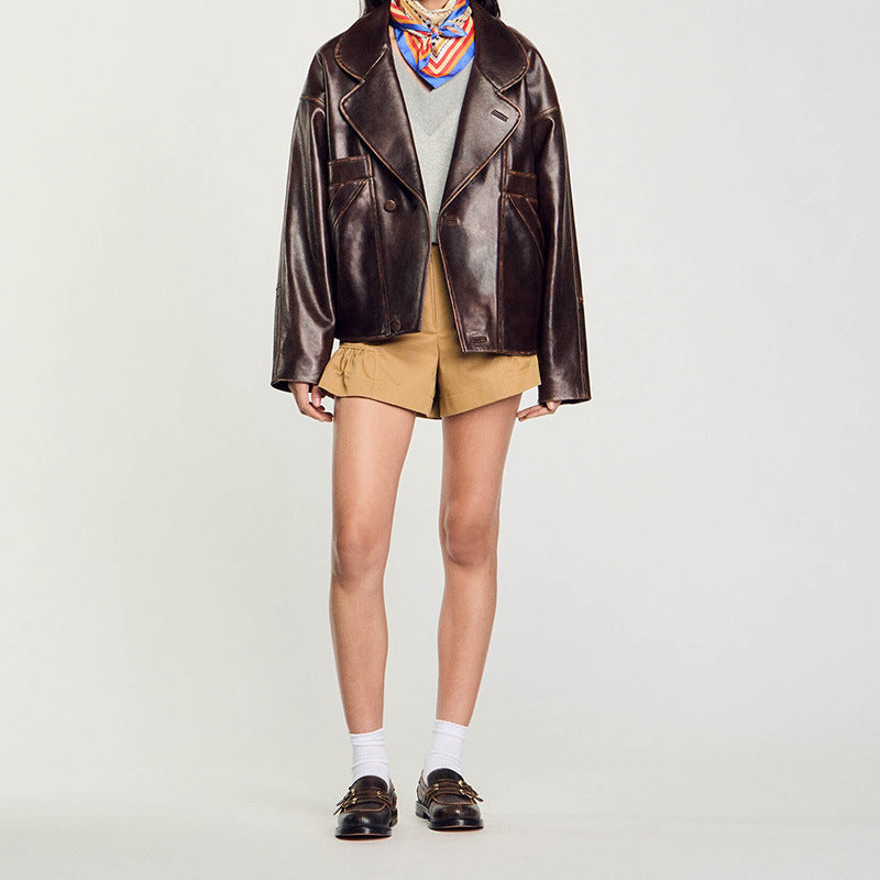 Women's Oversize Faux Leather Bomber Jacket with Round Collar and Distinctive Seam Details Chichicherry