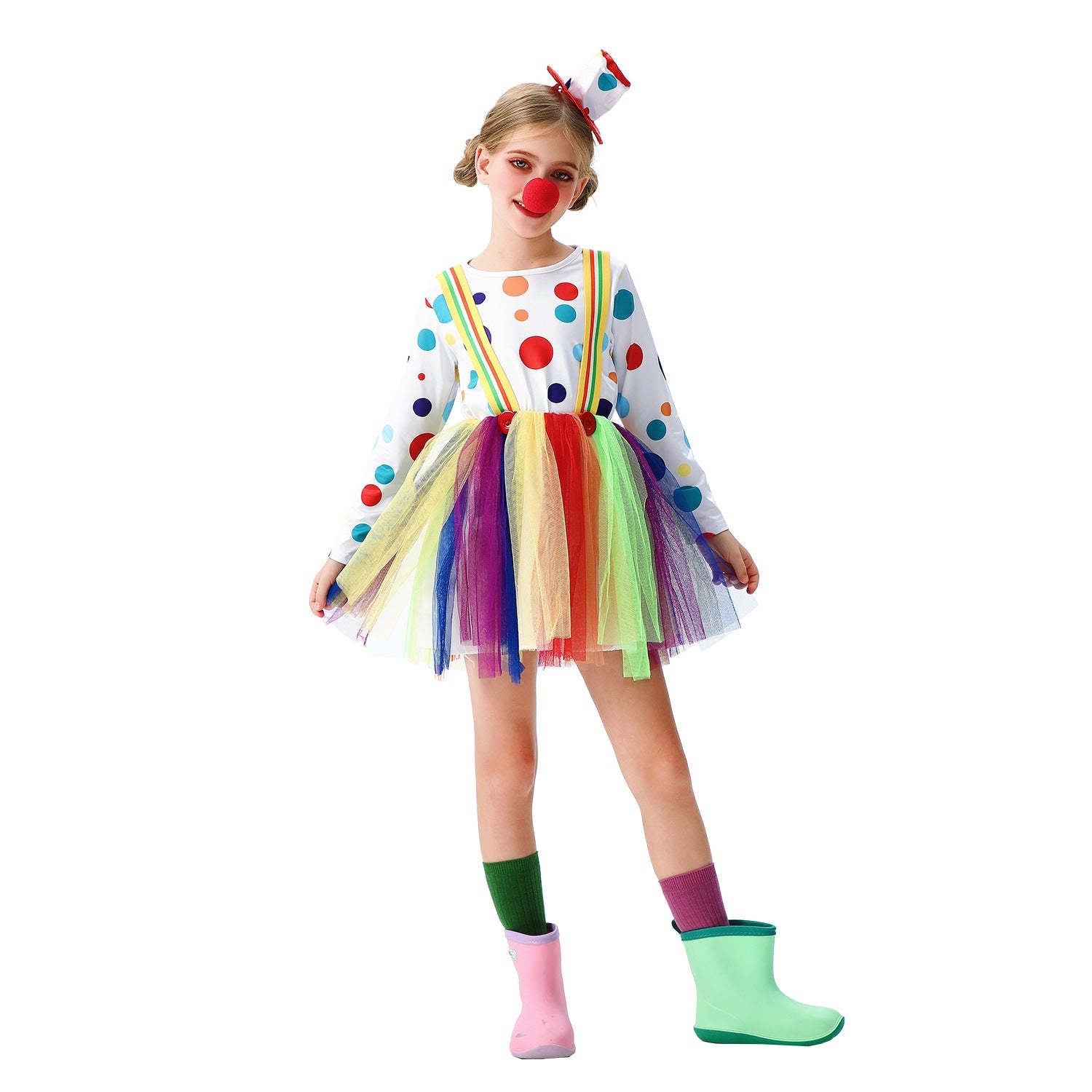 Girl clown costume with colorful tulle skirts and hair accessories Chichicherry