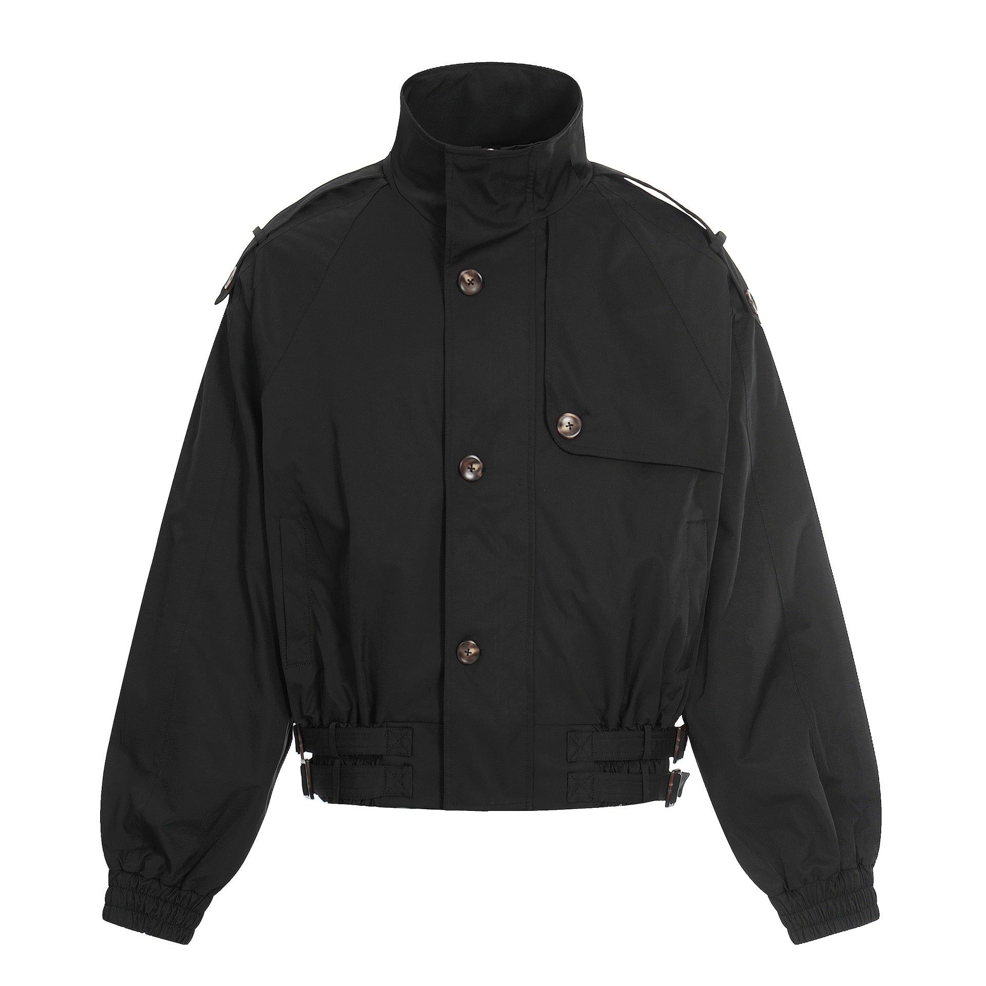 Women's short-cut boxy trench coat with high funnel collar, shoulder flaps, and adjustable waist belt Chichicherry