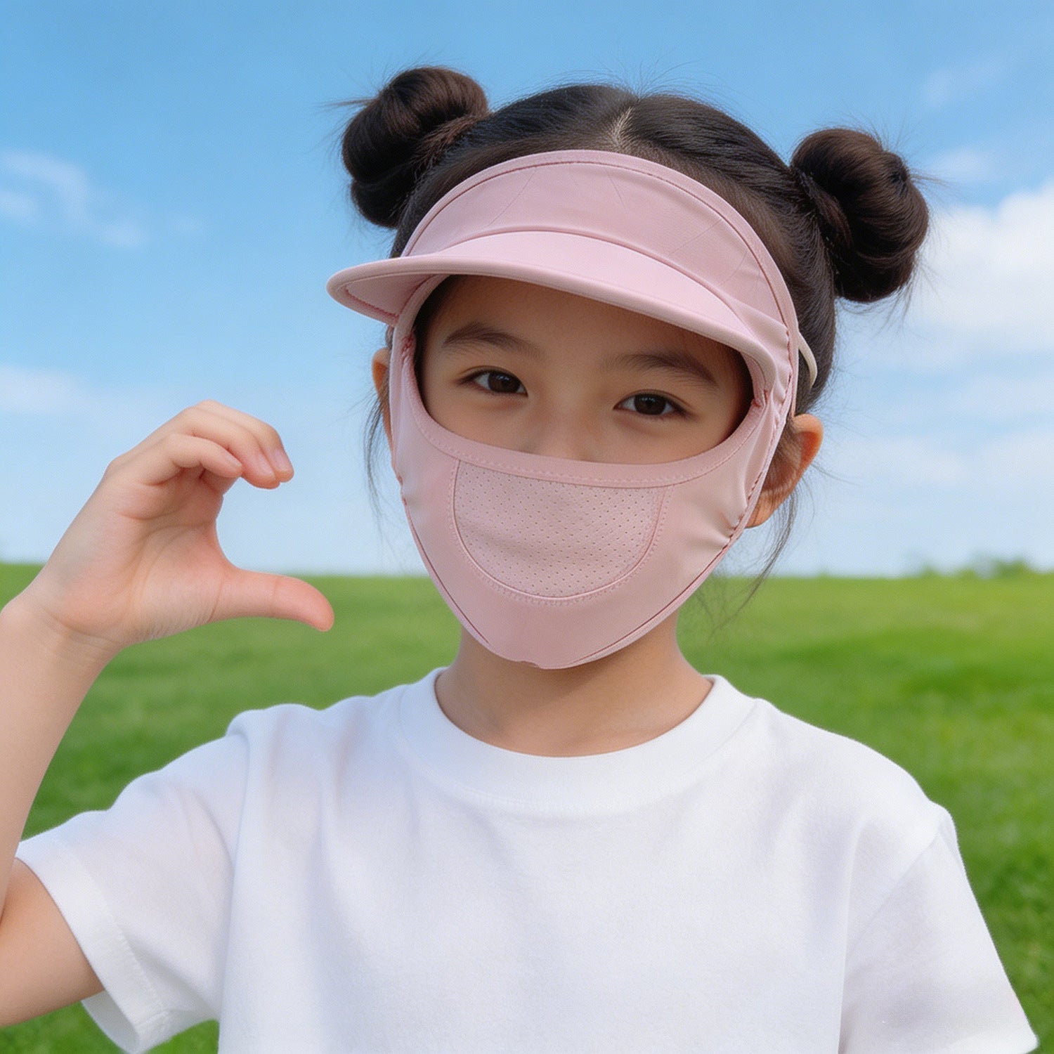 Unisex nan children's sun visor with integrated breathable face mask, adjustable neck strap, and perforated chin area Chichicherry