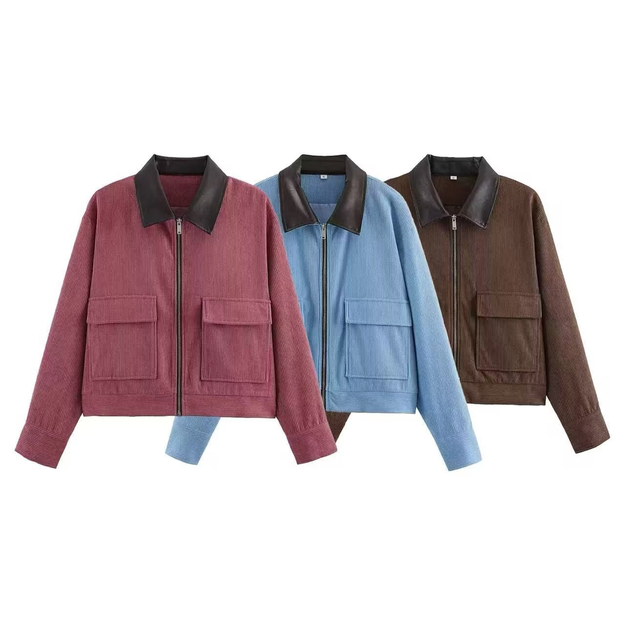Women's Short Cord Jacket in Blouson Style with Leather Collar and Flap Pockets Chichicherry
