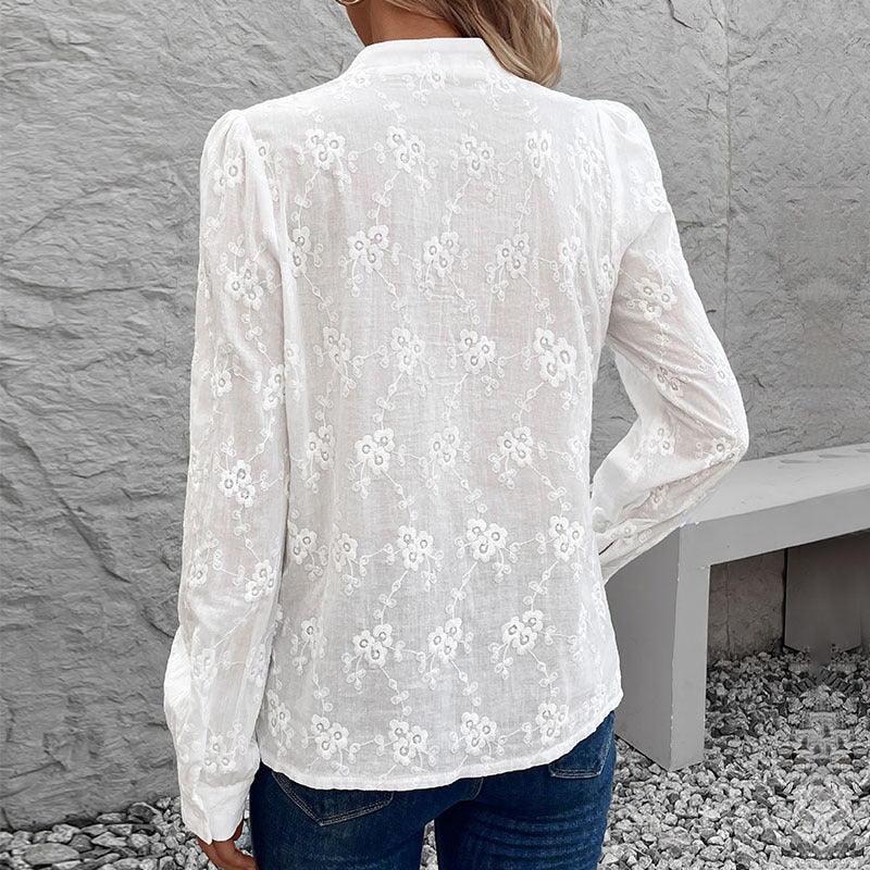 Women's lightweight embroidered voile blouse with stand-up collar and full button placket Chichicherry