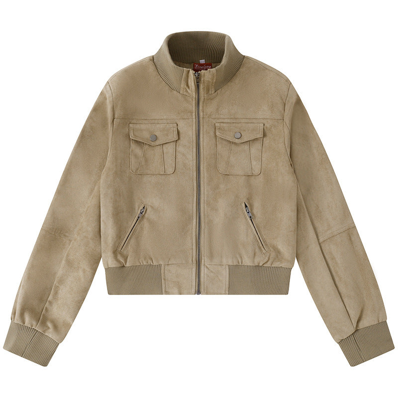 Women's Short-Cut Bomber Jacket Made of Velour Imitation with Chest Pockets and Zipper Pockets Chichicherry