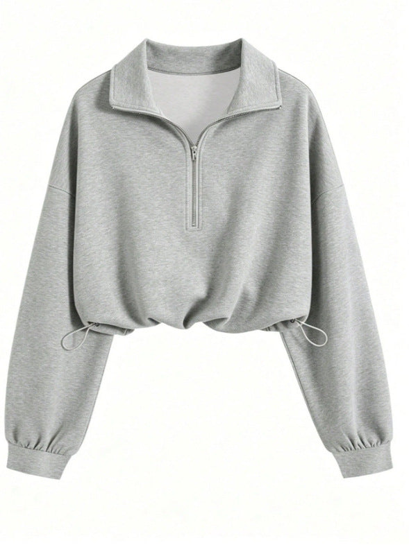 Women’s short-cut half-zip sweatshirt in oversized fit with drawstring hood