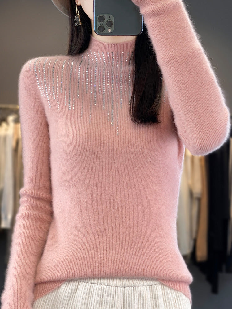 Women's Cashmere-Look Mockneck Sweater with Sparkling Rhinestone Cascade Chichicherry