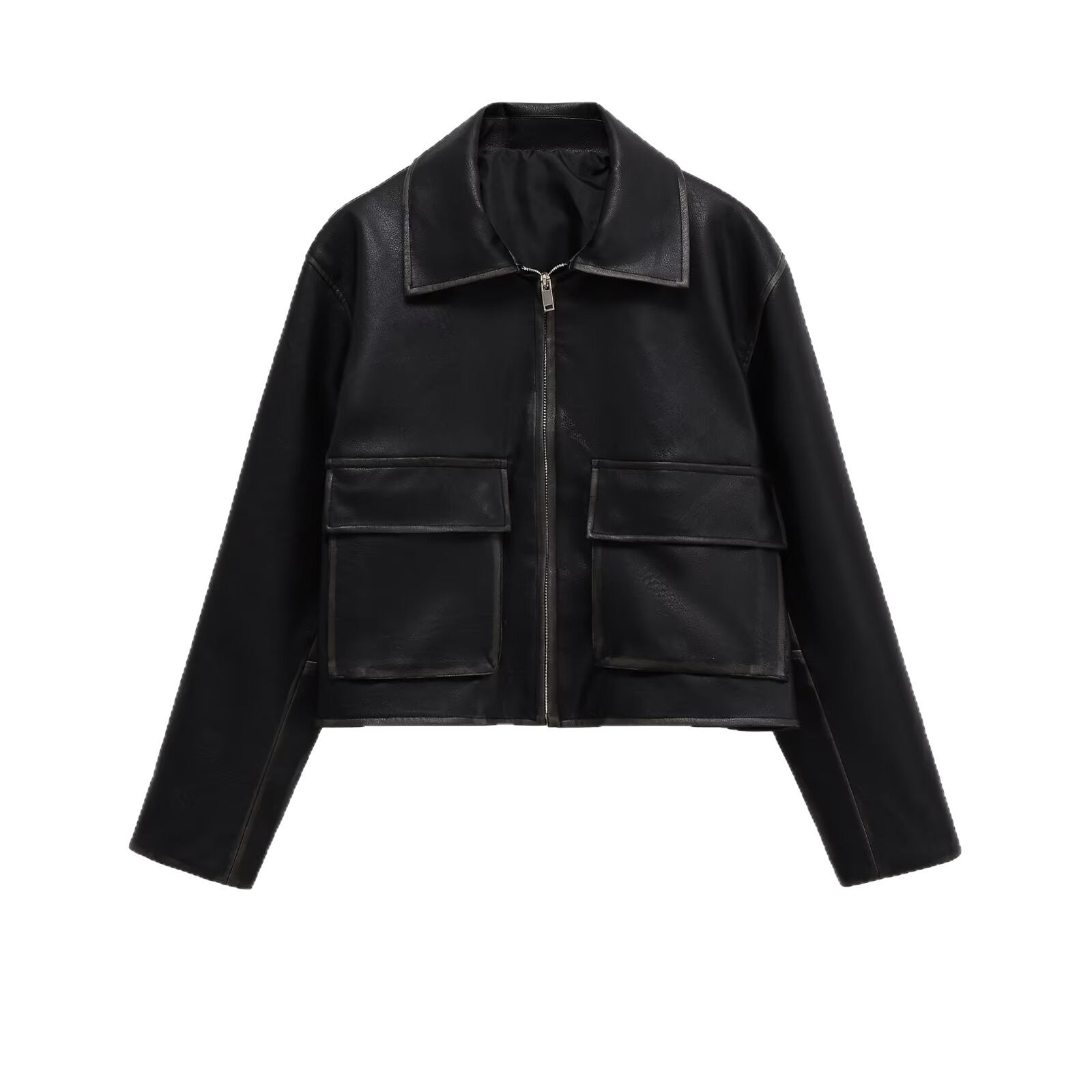 Women's Short Boxy Leather Look Jacket with Zip and Large Flap Pockets Chichicherry