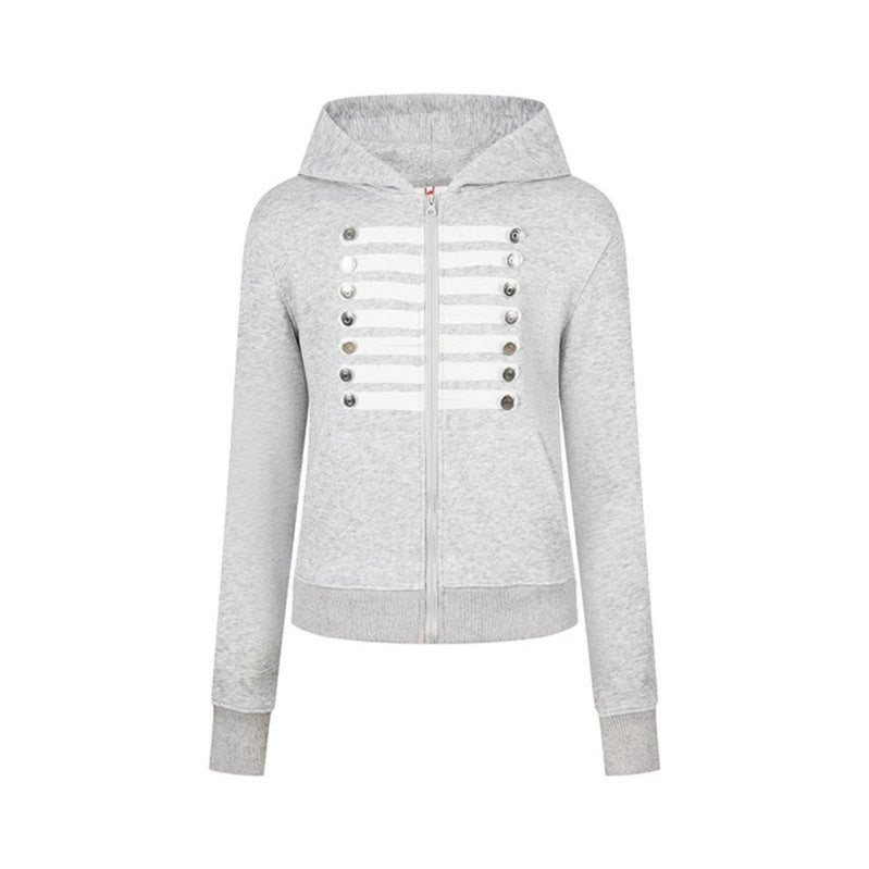 Women's hooded sweatshirt jacket with decorative military braid trim and decorative buttons Chichicherry