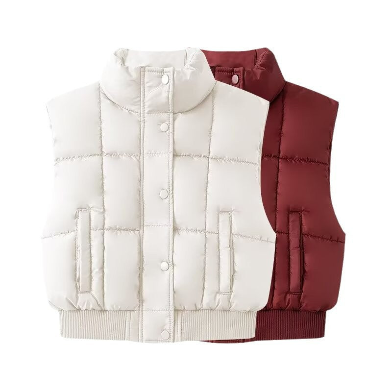 Women Quilted Cropped Puffer Vest with Stand Collar and Ribbed Hem Chichicherry