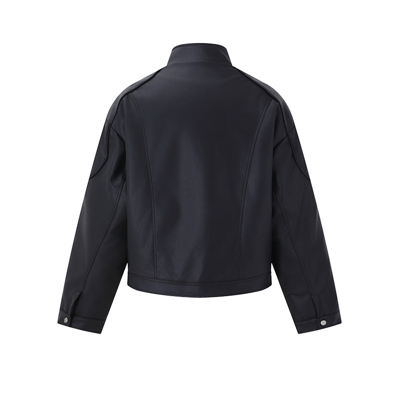 Men's Short Boxy Mock-Leather Jacket with Geometric Seam Design Chichicherry