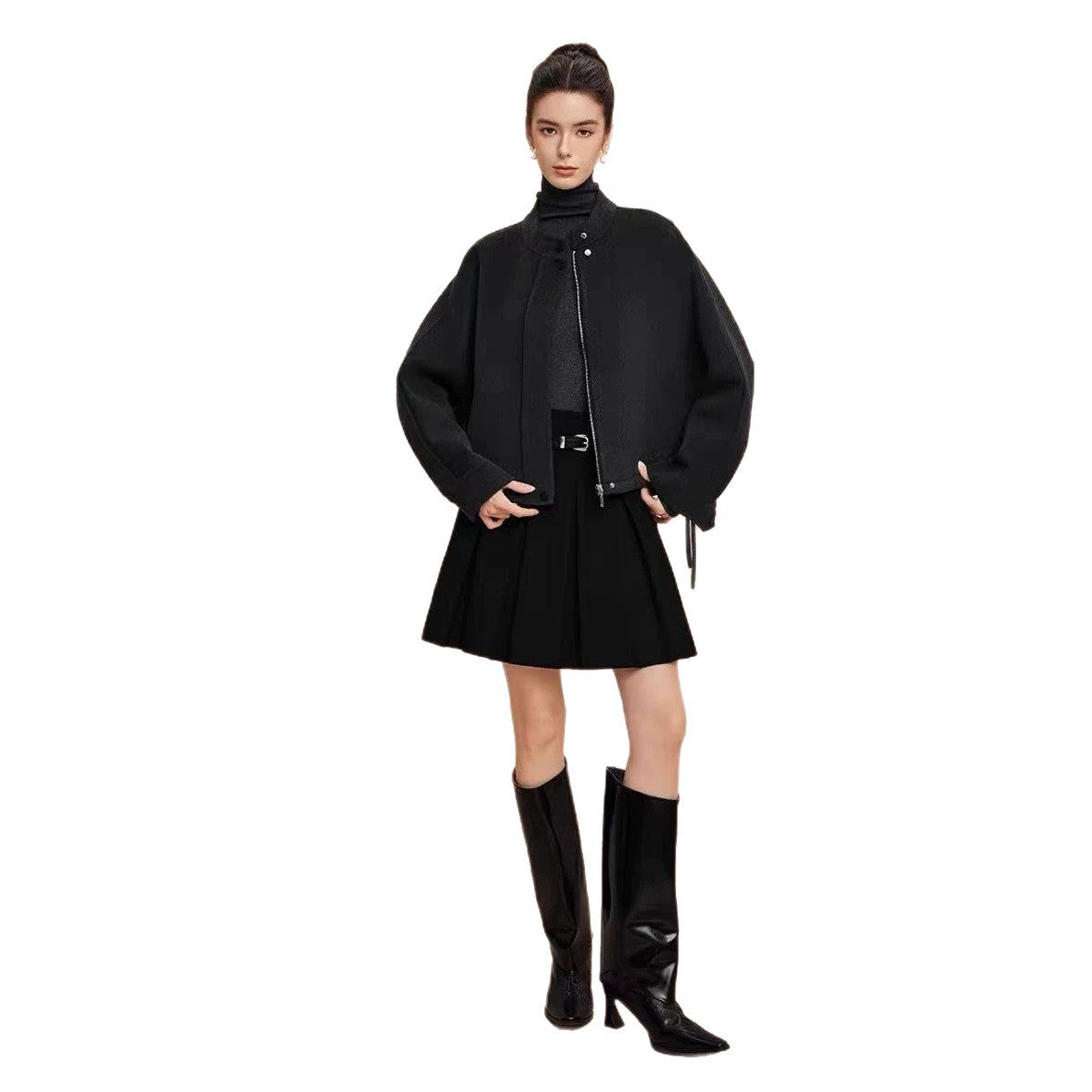 Women's short cut minimalist bomber jacket with stand-up collar Chichicherry