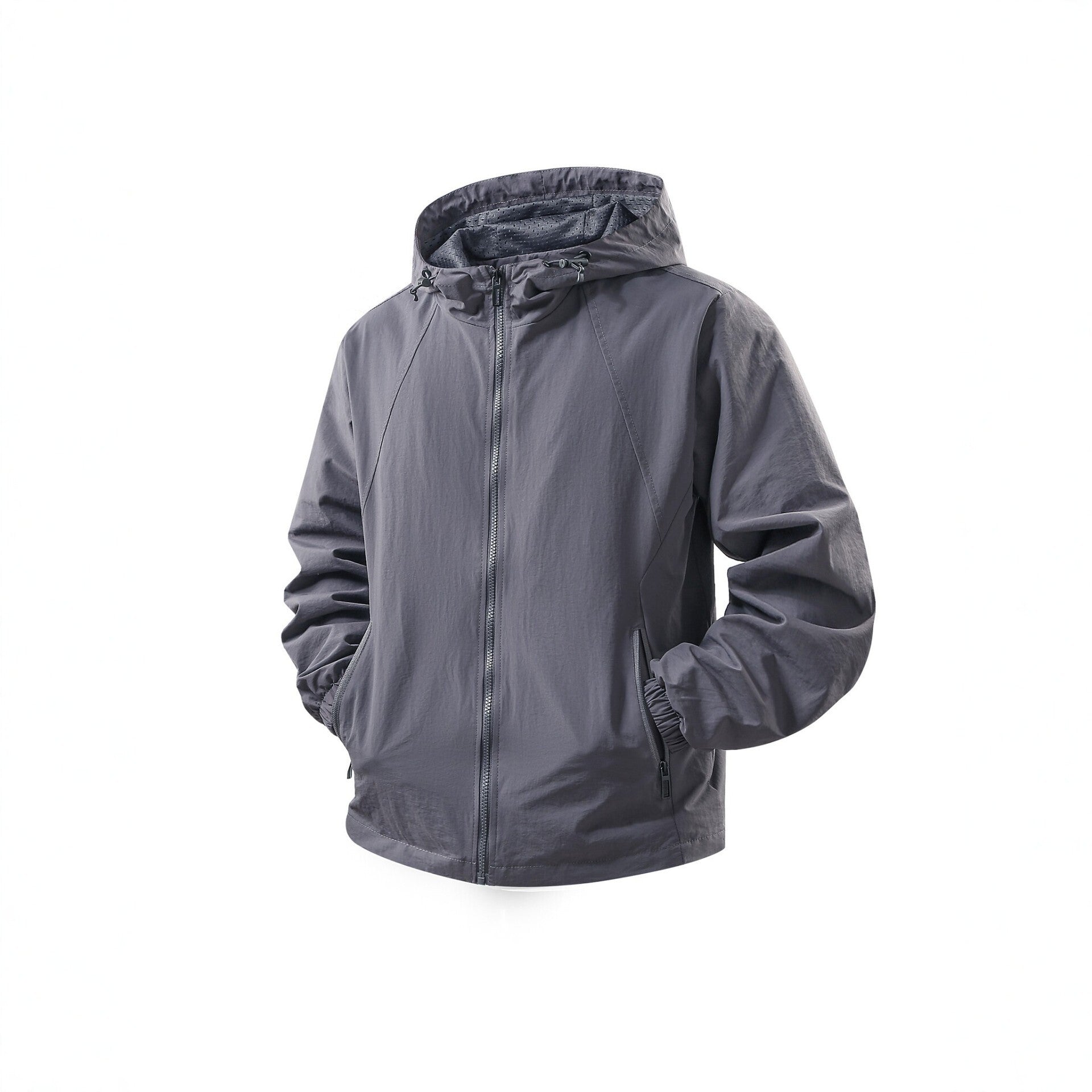 Men's Lightweight Breathable Hooded Windbreaker with Mesh Lining and Zipper Pockets Chichicherry