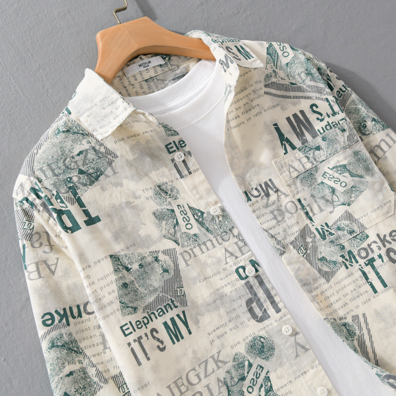 Men's overshirt made of cotton-linen with typographic newspaper print and relaxed fit Chichicherry
