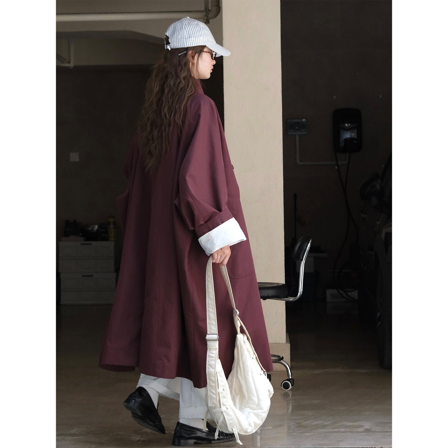 Women Oversized Trench Coat with Stand Collar and Extended Cut Chichicherry