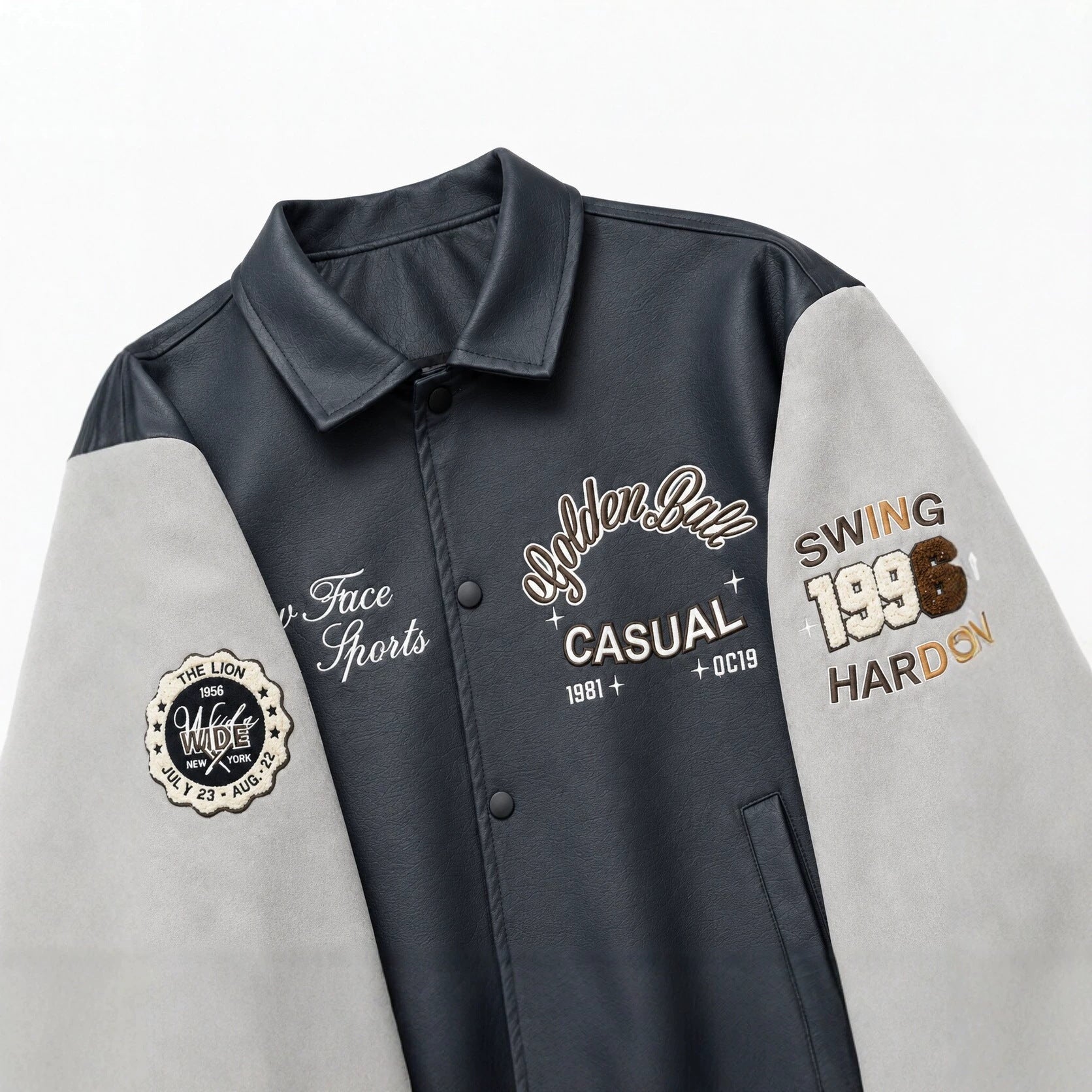 Men's Varsity Faux Leather College Jacket with Contrast Sleeves, Embroidered Patches and Ribbed Hem Chichicherry