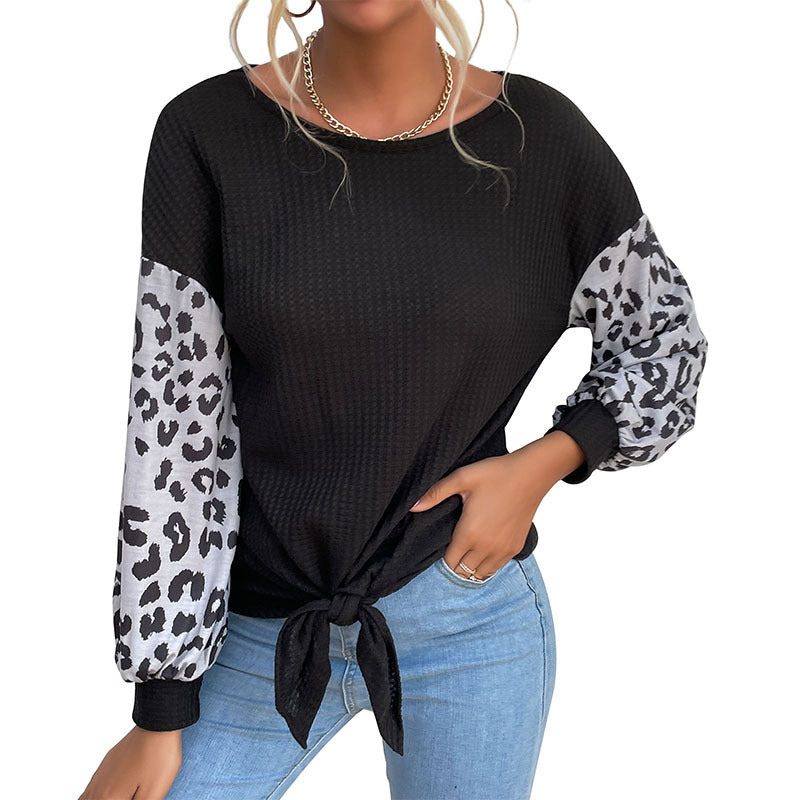 Women's Long Sleeve Waffle Shirt with Knot Front and Contrast Leopard Sleeves Chichicherry
