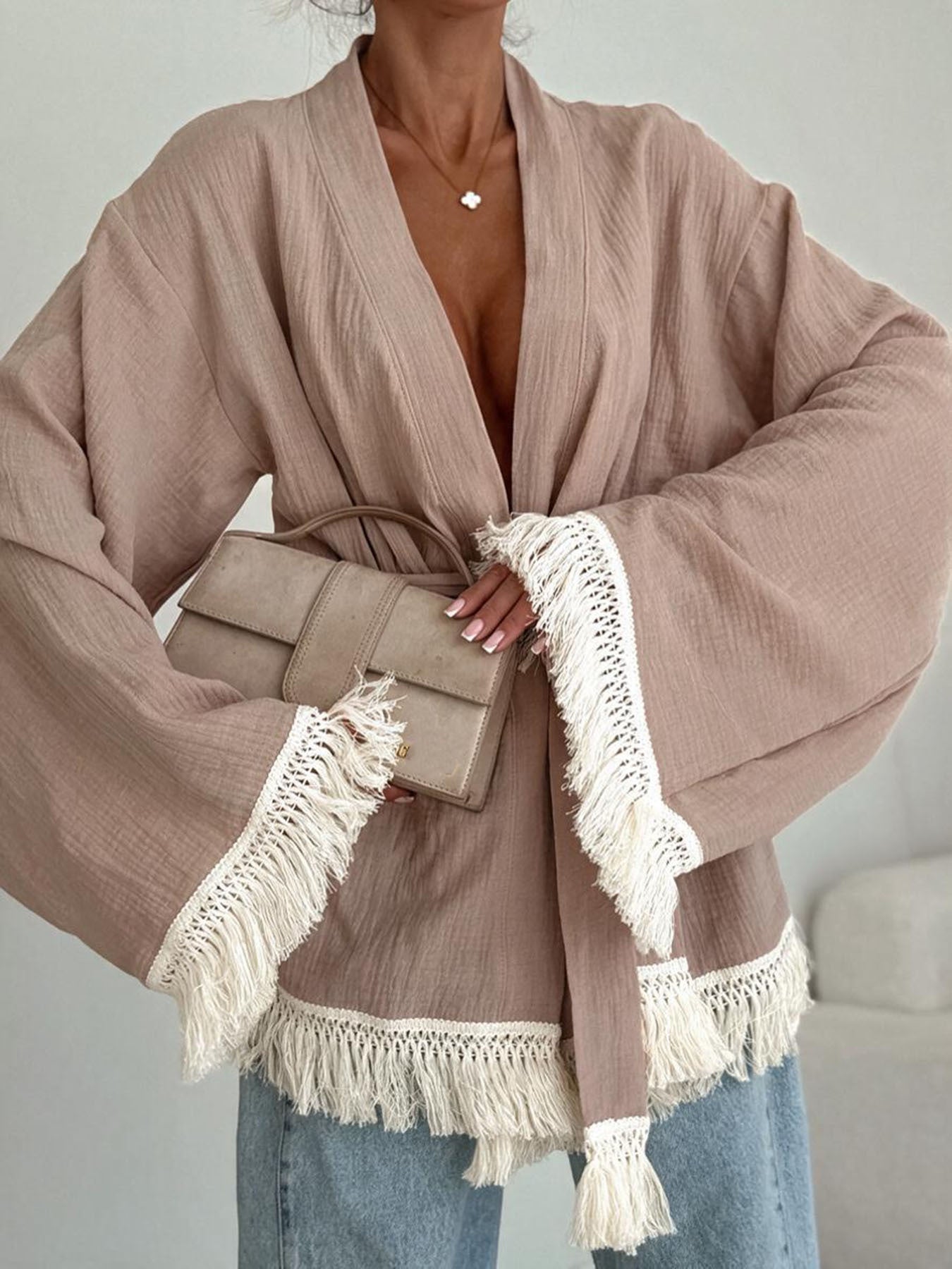 Damen Fransen-Kimono-Jacke aus Leinenoptik mit Taillengürtel Chichicherry