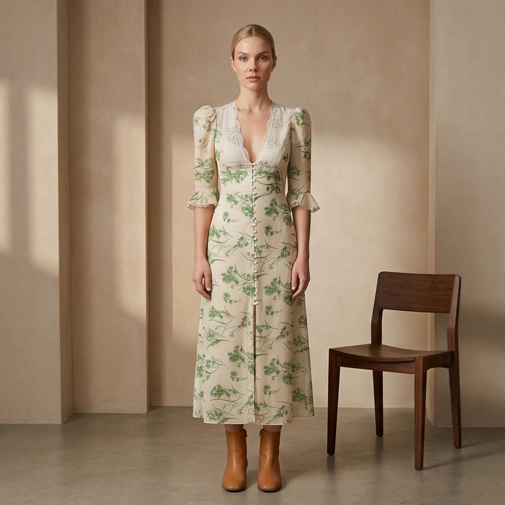 Women Floral Midi Dress with Lace V-Neck, Fitted Waist Seam and Pearl Button Placket Chichicherry