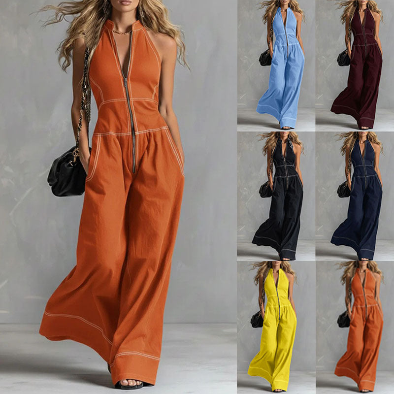 Women's Sleeveless Halter Jumpsuit with Zipper, Wide Leg and Side Pockets Chichicherry