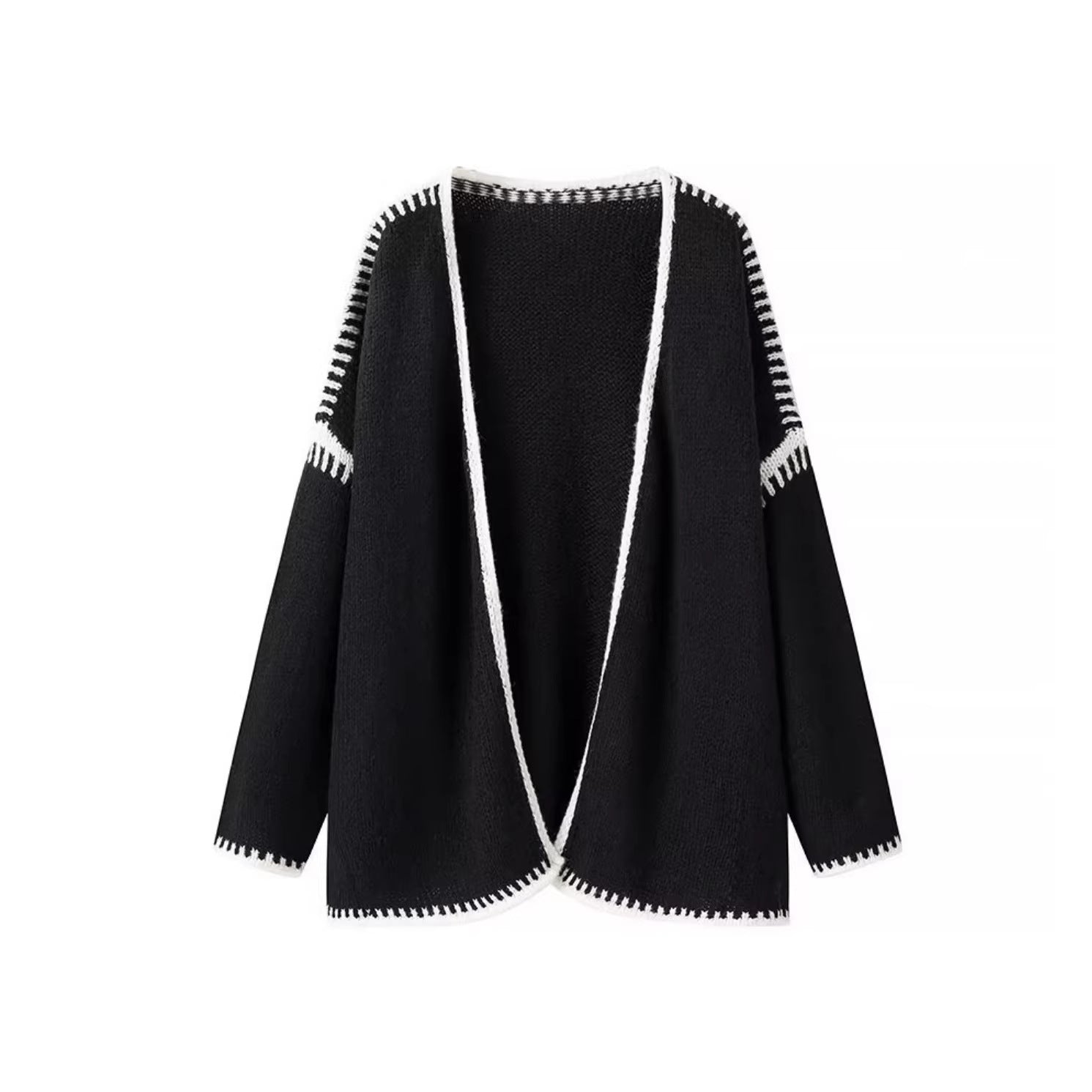 Women's Oversized Cardigan with Contrasting Crochet Edge and Dropped Shoulder Chichicherry
