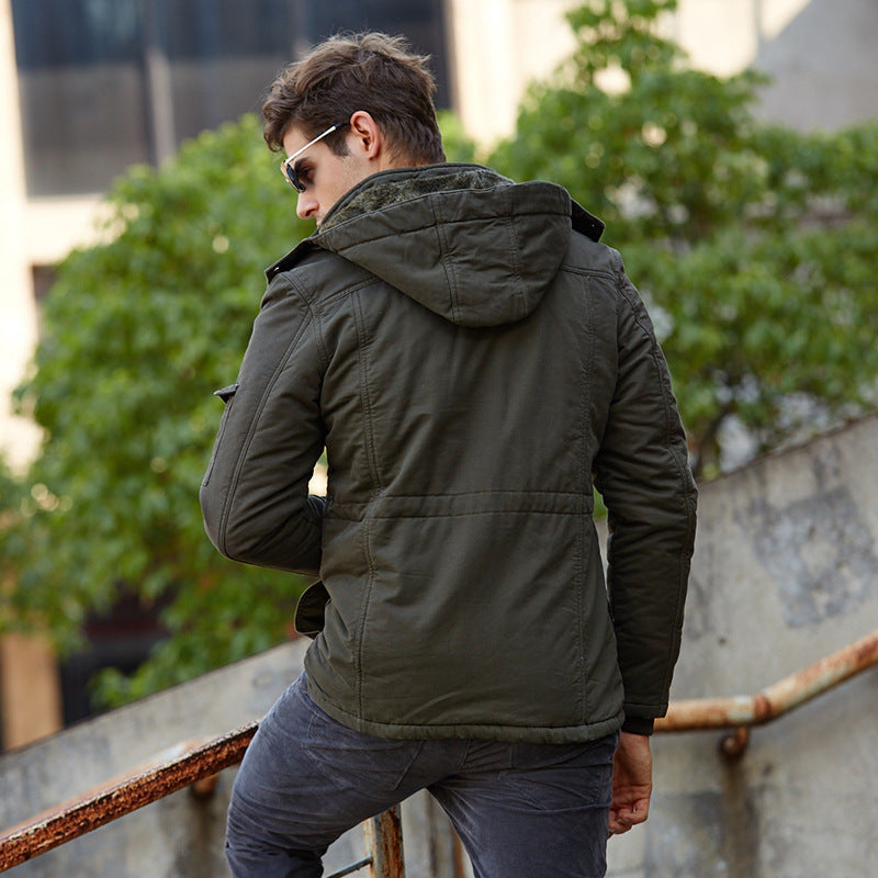 Men's field jacket in urban utility style with hood, flap pockets, and drawstring waist Chichicherry
