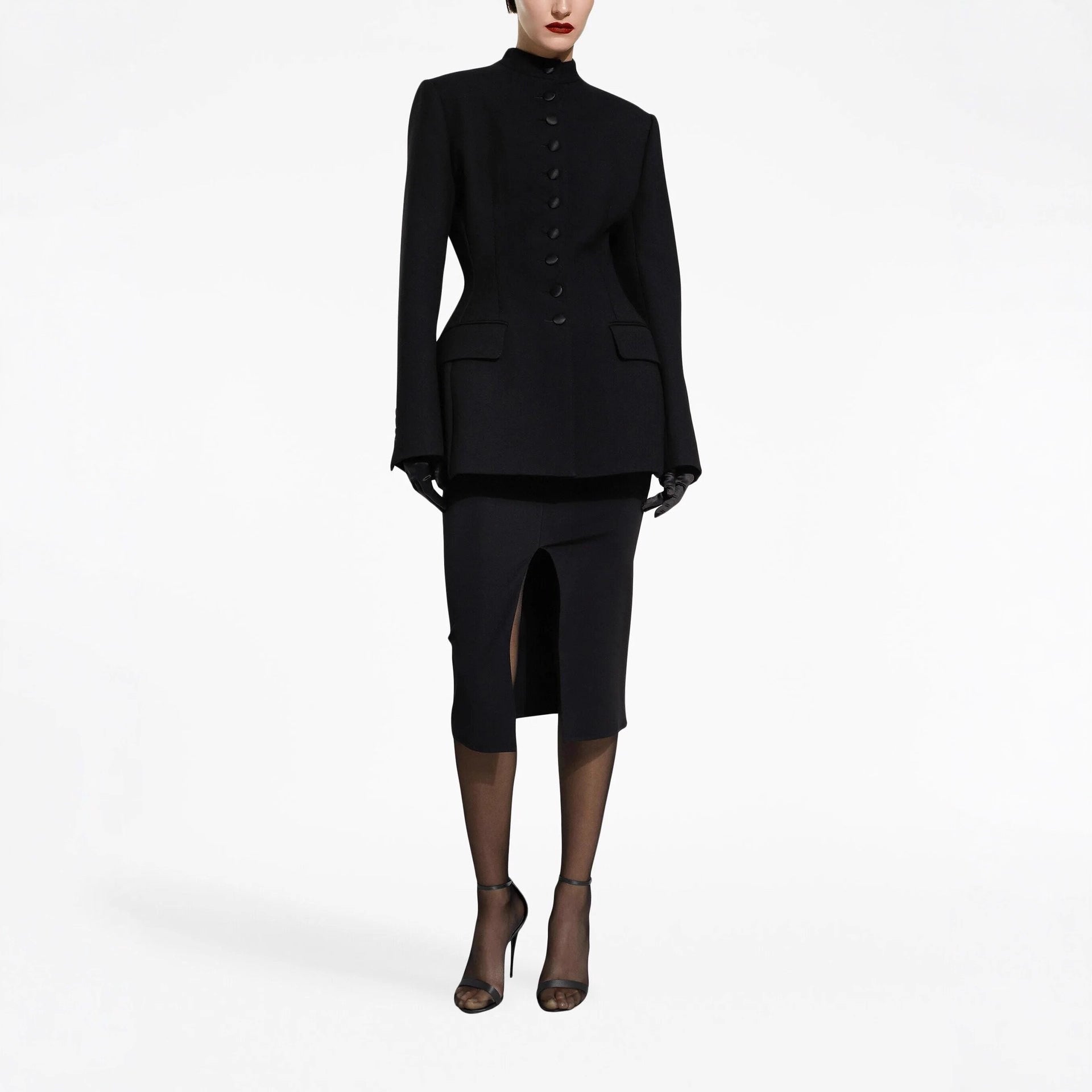Women's Tailored Blazer with Stand-up Collar, Structured Shoulder and Decorative Button Placket Chichicherry