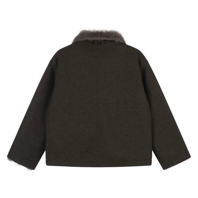 Women's short wool jacket with faux fur trim and asymmetric button placket Chichicherry