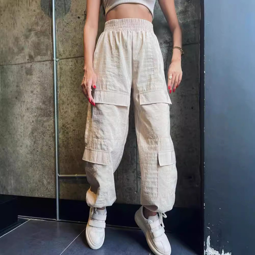 Damen Cargo-Haremshose mit hoher elastischer Taille und aufgesetzten Klappentaschen Chichicherry
