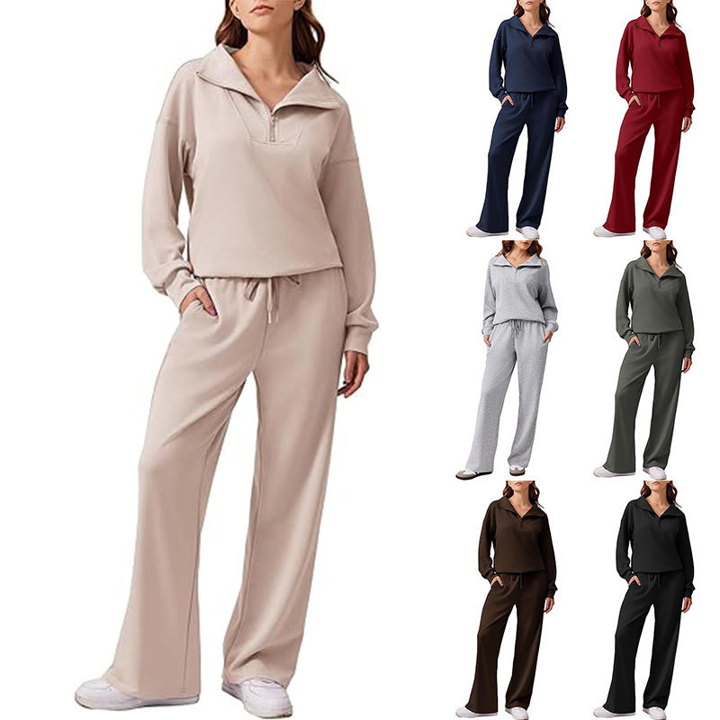 Women Casual Two-Piece with Half Zipper and Flowing Wide-Leg Jogging Pants Chichicherry