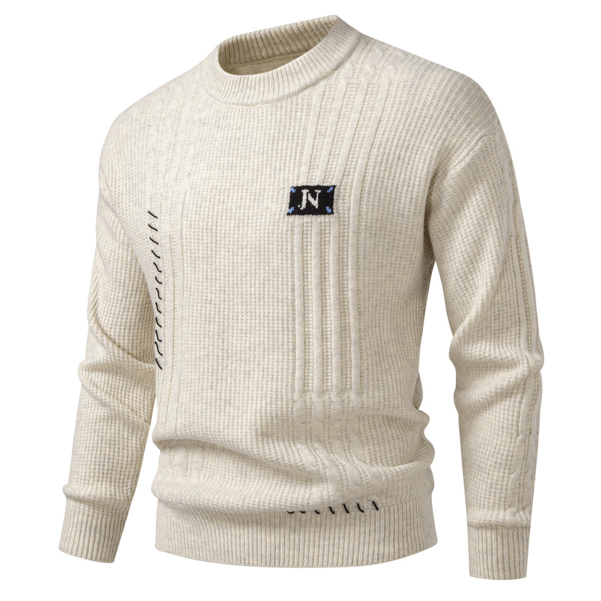 Men's Structured Ribbed Knit Pullover with Decorative Seams and Logo Patch Chichicherry