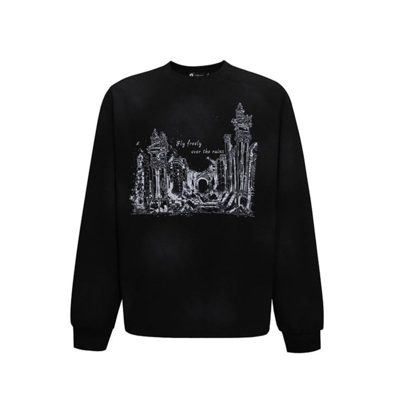 Women’s Oversized Sweatshirt with Waffle Texture, Round Neck and Ruins Sketch Print Chichicherry