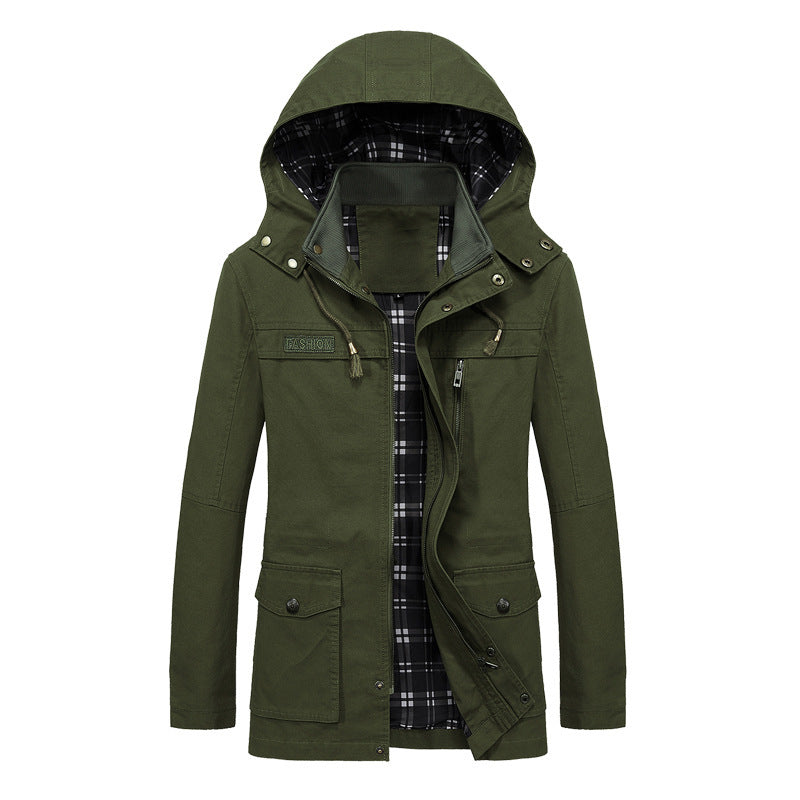 Men's Canvas Field Parka with Hood, Checked Lining and Multi-function Pockets Chichicherry