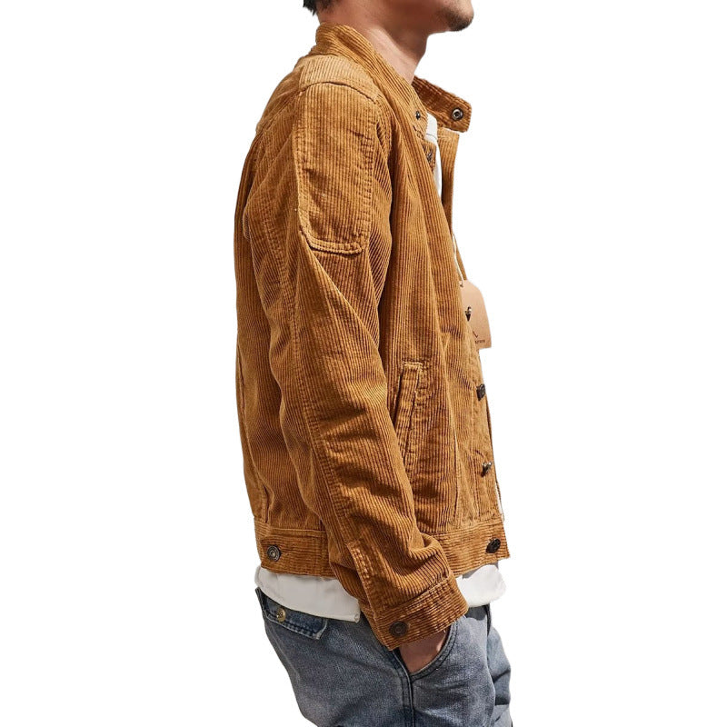 Herren Kurz geschnittene Kordjacke im Worker‑Style mit Stehkragen und Druckknopfleiste Chichicherry
