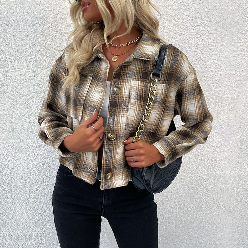 Women's Checked Cropped Transitional Jacket with Shirt Collar Chichicherry
