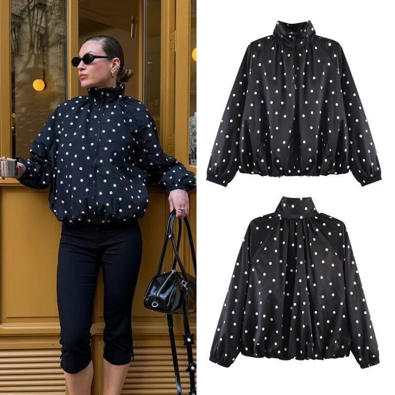 Women's Dotted Lightweight Bomber Jacket with Stand Collar, Zipper and Elastic Hem Chichicherry