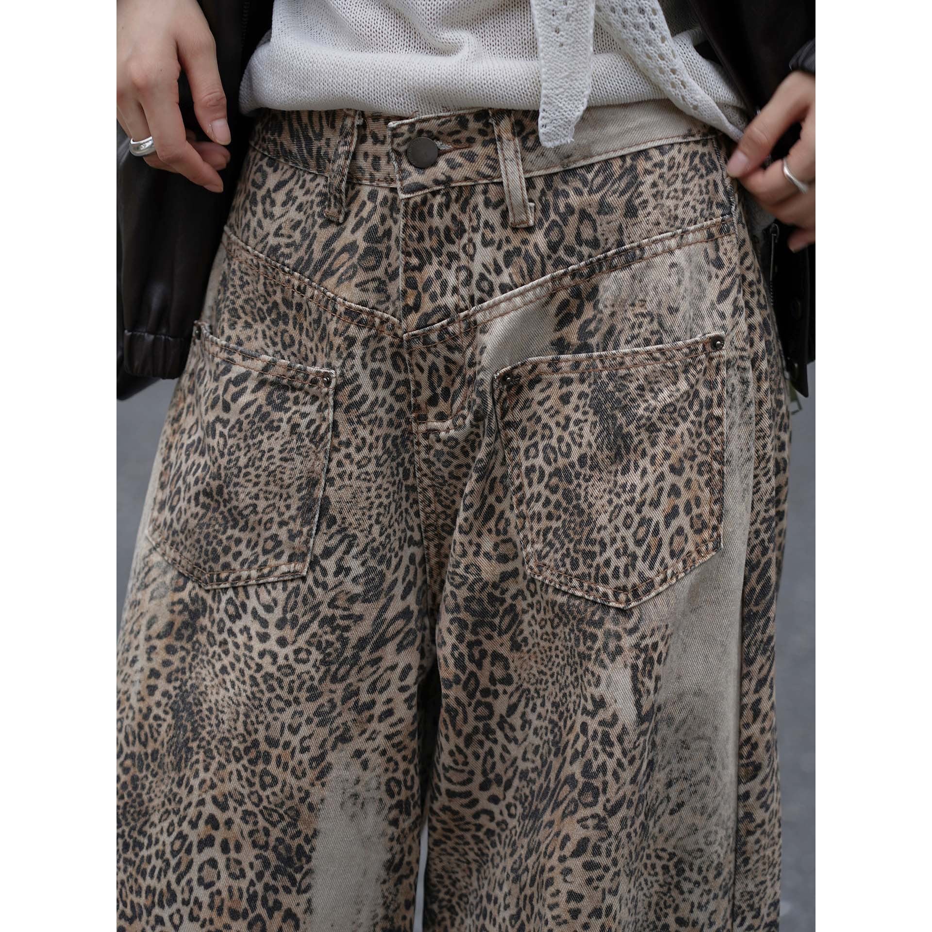 Women’s Palazzo Pants with Leopard Print, High Waist and Large Patch Pockets Chichicherry