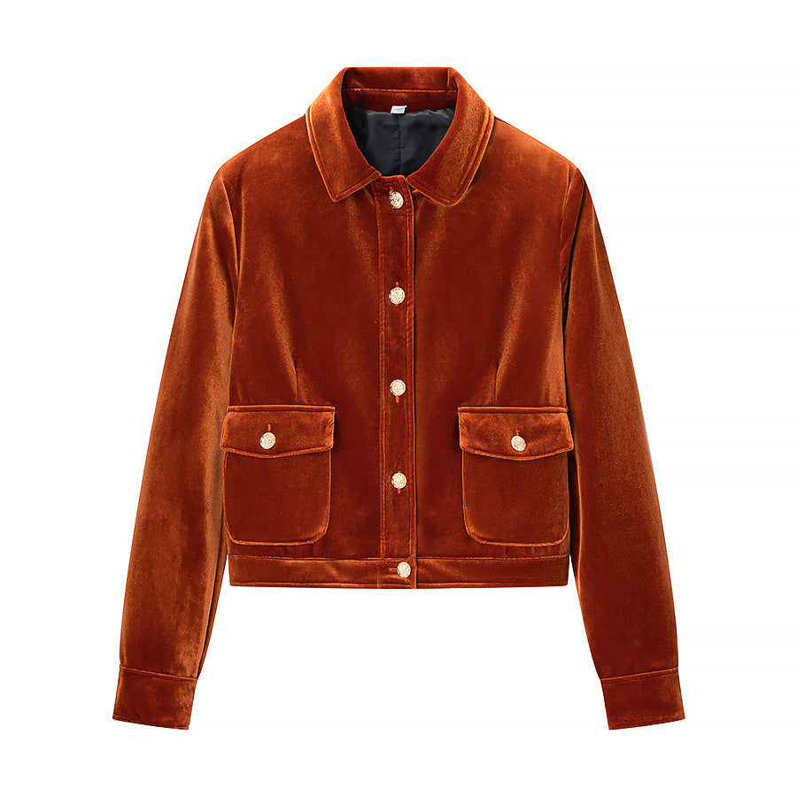 Women's Velvet Boxy Jacket with Flap Pockets and Golden Decorative Buttons Chichicherry