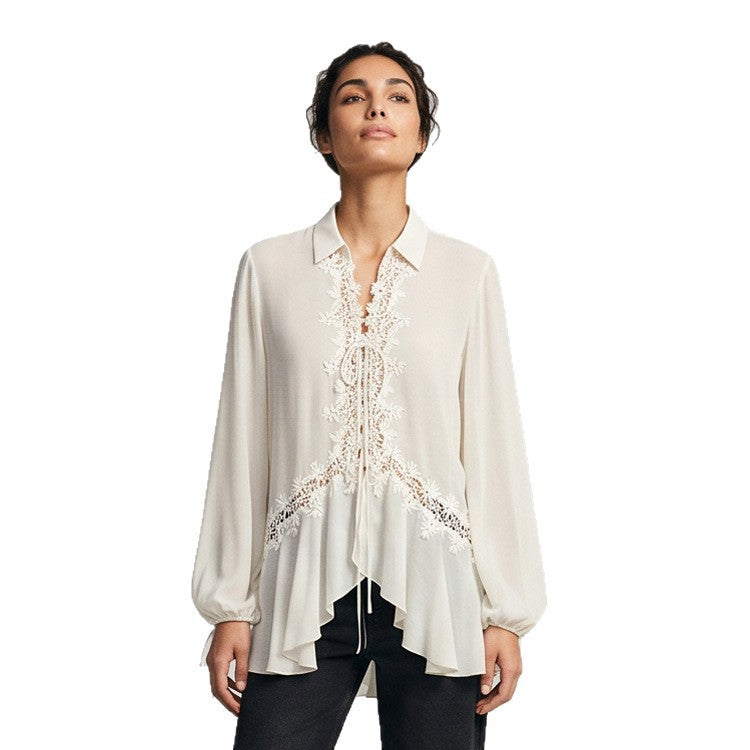 Women Transparent Chiffon Blouse with Lace Trim, Tie Band & Asymmetrical Ruffle Hem Chichicherry
