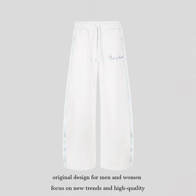 Women's Extra Wide Palazzo Sweatpants in Polka Dot Design with Elastic Comfort Waistband and Side Contrast Stripes Chichicherry