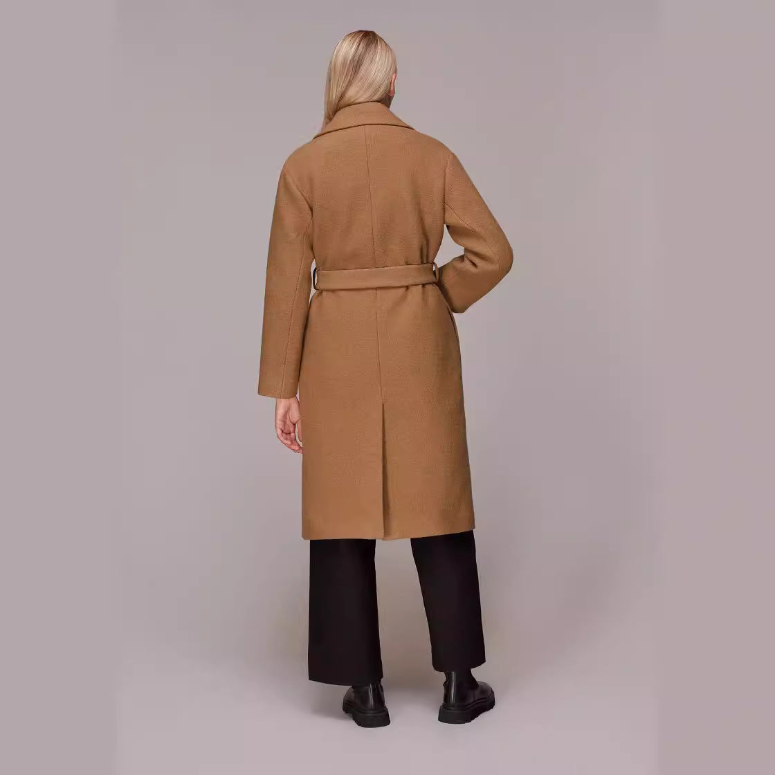 Women's Midi-Length Wool Blend Long Coat with Minimal Shawl Collar and Relaxed Silhouette Chichicherry