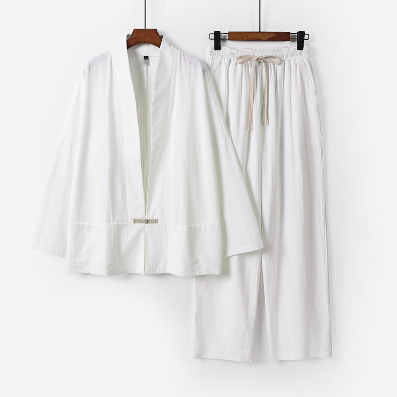 Men's Zen-inspired kimono loungewear set made of lightweight cotton blend with open cut and drawstring pants Chichicherry
