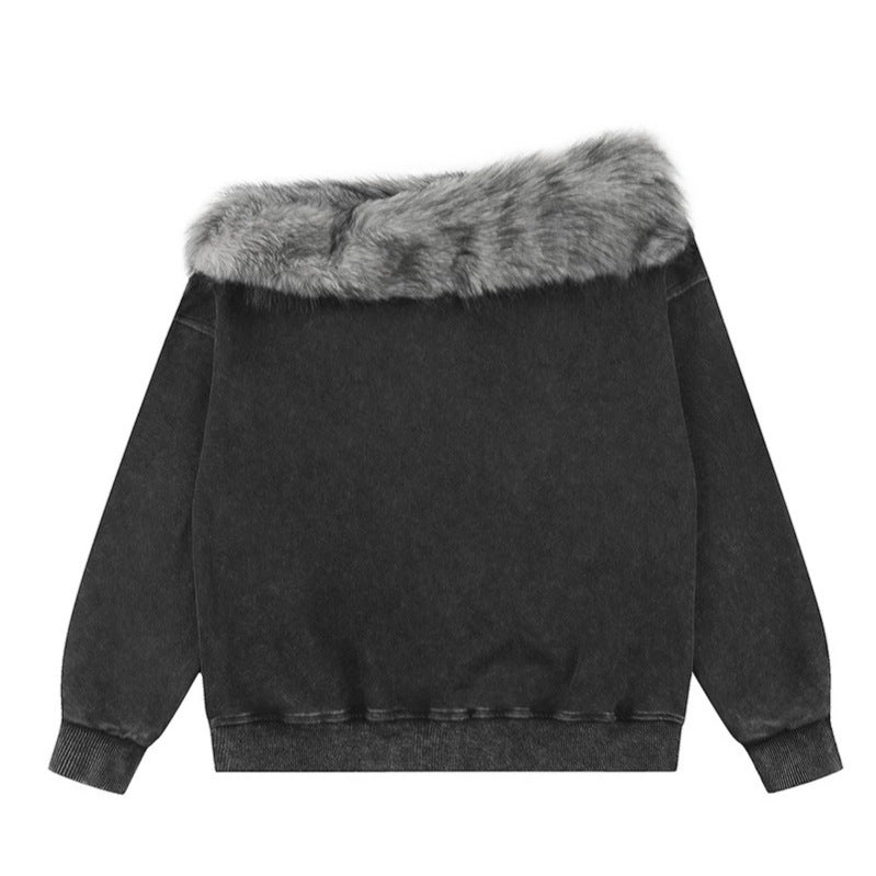 Women's Oversized Sweatshirt with Fur Collar, Vintage Wash and Cross Print Chichicherry