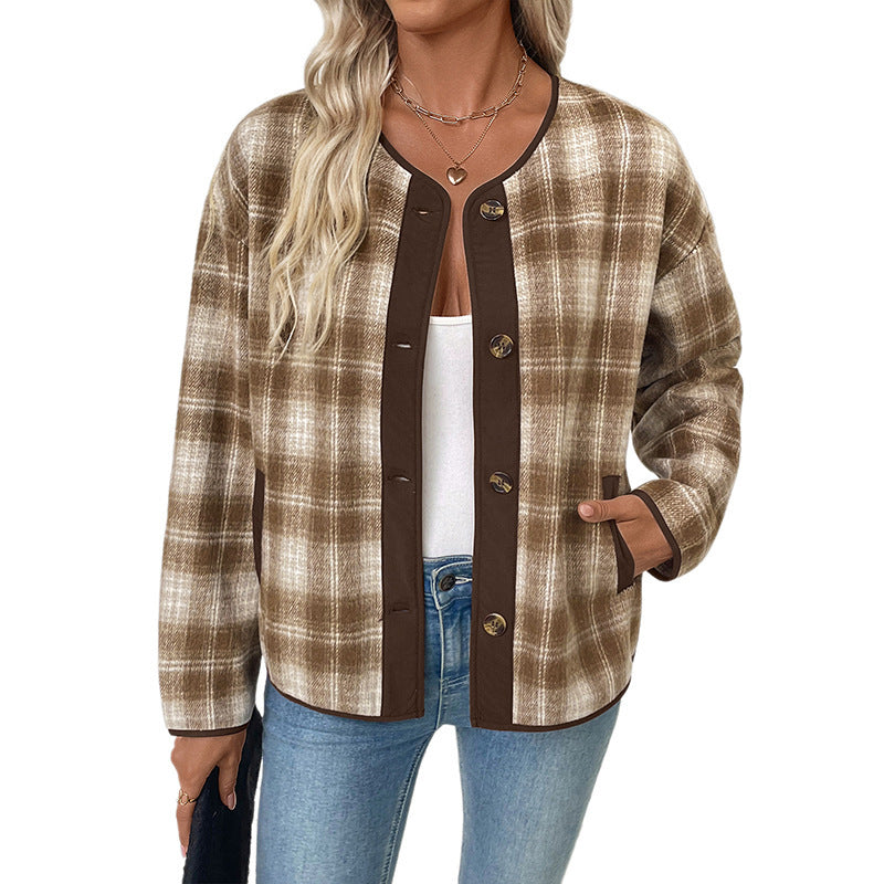 Ladies Checked Transitional Jacket with Round Neck, Contrast Trim and Button Placket Chichicherry