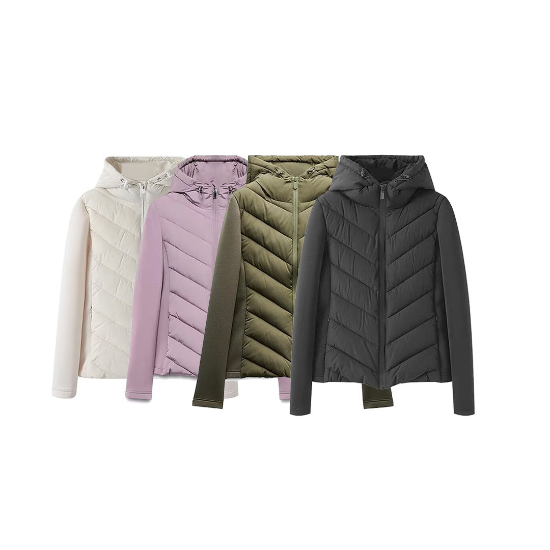 Women's hybrid quilted jacket with padding, hood, and elastic sleeve inserts Chichicherry