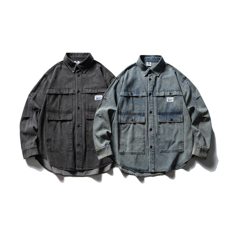 Unisex Oversized Denim Chore Jacket in boxy cut with large flap pockets Chichicherry